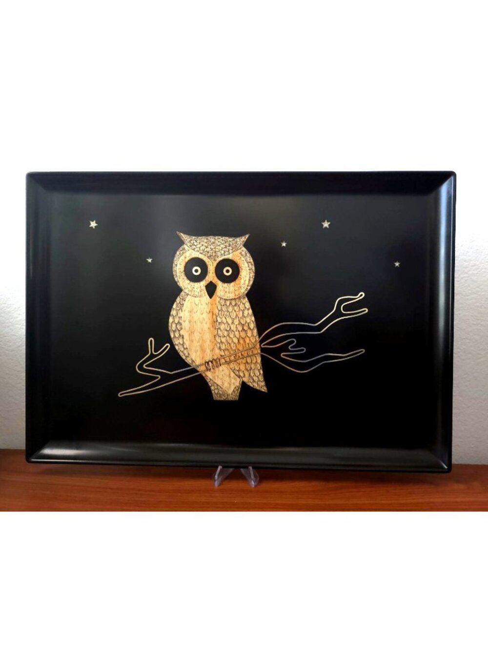 Vintage COUROC Black Tray With Inlaid Owl Design Rectangular MCM Serving Tray